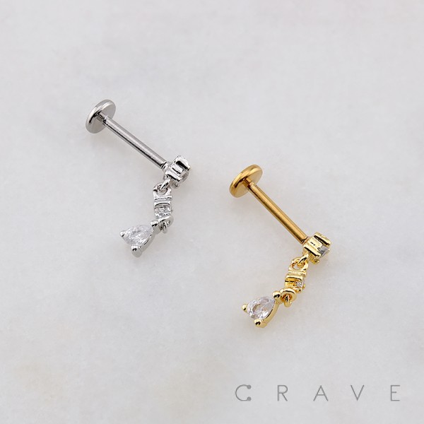 DANGLE CZ TEARDROP CASCADE THREADLESS (PUSH IN) 316L SURGICAL STEEL LABRET SET